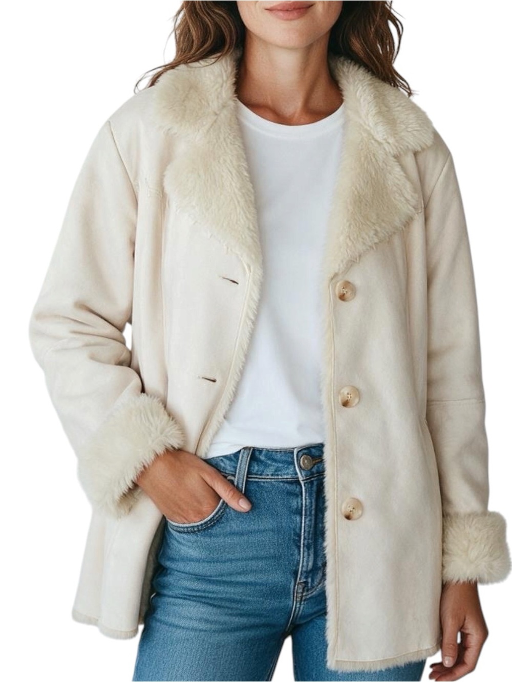 COLDWATER CREEK Cream Faux Suede/Fur Trim Jacket Size MED -- PERFECT FOR FALL!!!